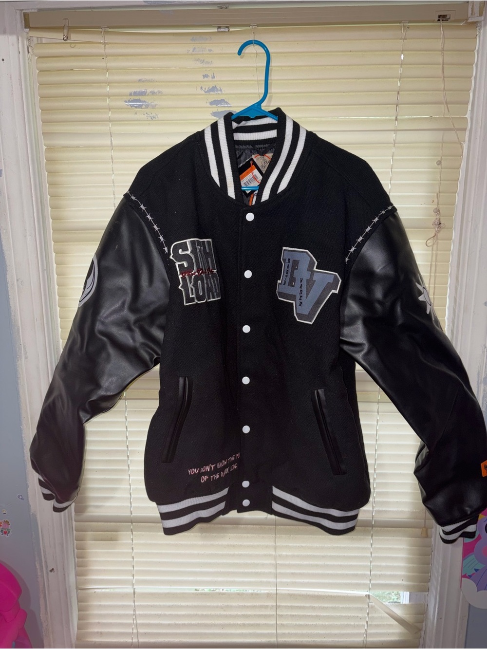 Brandit XL Black Graphic Varsity Jacket Embroidered Faux Leather